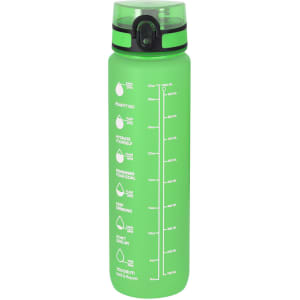 A drink bottle in vibrant green with a flip-top lid and measurement markings. Features a logo.