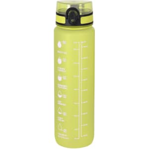 A drink bottle in vibrant yellow with a push-button lid and measurement markings. It features a logo on the side.