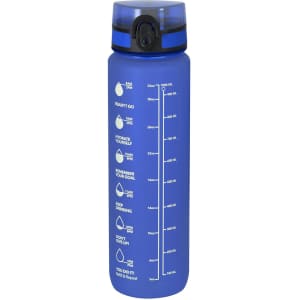 A drink bottle in blue with a flip-top lid, featuring measurement markings and a logo.