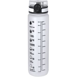 A drink bottle in clear plastic with a black lid, featuring measurement markings and a logo.