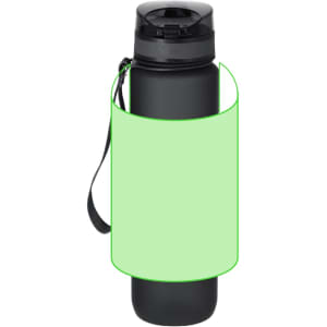 A drink bottle in black, featuring a carrying strap and a sleek design. It has a logo present on its surface.