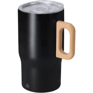 A black insulated travel mug with a clear lid and a wooden handle, featuring a minimalist design and logo.