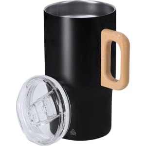 A travel mug in matte black with a wooden handle and a clear lid, featuring a logo.