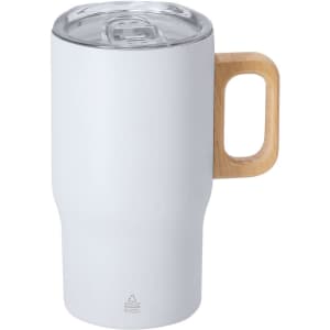 A travel mug in white with a wooden handle and a clear, sealed lid. It features a logo on the side.
