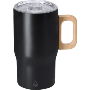 A black insulated travel mug with a wooden handle and a clear lid, featuring a logo on the bottom.
