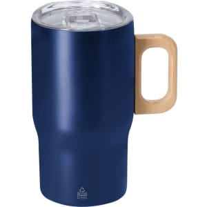 A drink bottle featuring a navy blue insulated mug with a wooden handle and a clear lid, also displaying branding.