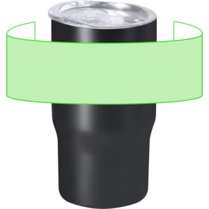 A black insulated travel mug with a clear lid, featuring a logo on the surface.