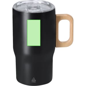 A drink bottle with a black body, bamboo handle, and a clear lid. It features a logo and a green panel.