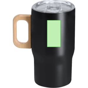 A black insulated mug with a bamboo handle and a clear lid, featuring a space for branding.