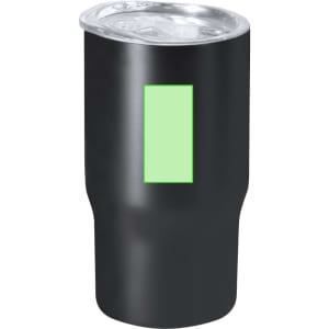 A drink bottle in matte black with a silver lid, featuring a blank area for custom branding.