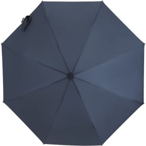 A navy blue umbrella featuring a central handle and a logo on the canopy.