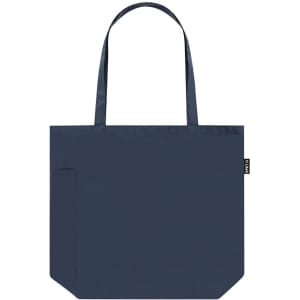 A navy blue tote bag with long handles and a side pocket, featuring a logo on one side.