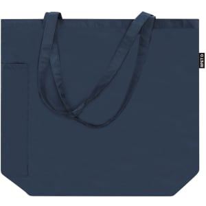 A navy blue tote bag with shoulder straps and a side pocket. The bag features a logo.
