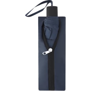 A navy blue umbrella featuring a rectangular zippered case and a wrist strap, with branding visible.