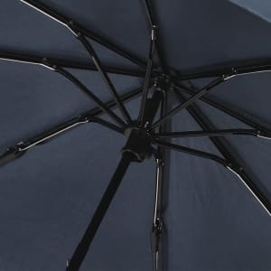 A dark blue umbrella featuring a black metal frame and rib structure, with a branded handle.