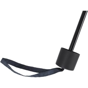 A black umbrella handle with a weighted base and a dark fabric strap attached.