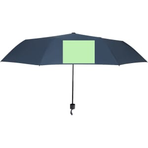 A navy blue umbrella with a solid green panel and a black handle. Features a logo on the structure.