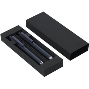 A set of two metal pens in a black gift box, featuring a sleek design and silver accents.