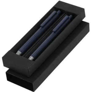 A set of two metal pens in navy blue, presented in a sleek black box with a logo on the packaging.