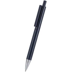 A metal pen in navy blue with a silver tip and a clip for easy attachment, featuring a logo.
