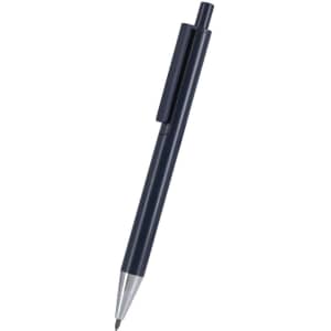 A metal pen in navy blue with a silver tip and a clip. The pen has a sleek, modern design and a branding logo.