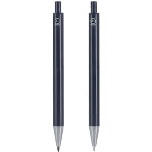 A set of two metallic blue pens with silver accents, featuring a logo on each pen.