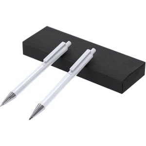 A set of two white metal pens with silver accents, presented in a black box.