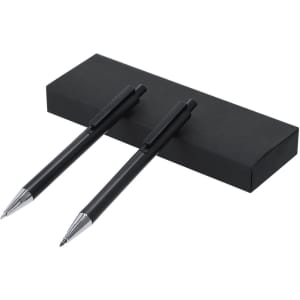 A set of two black metal pens displayed in a black box, featuring a sleek design with silver accents.