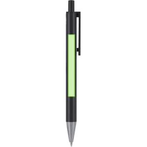 A metal pen in black with a green accent, featuring a clip and a smooth writing tip.