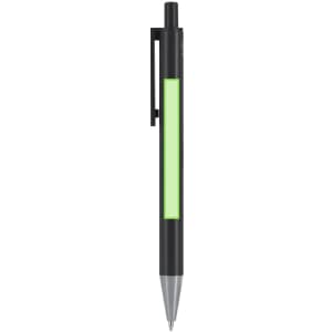A black metal pen with a green accent and a clip, featuring a smooth design and a logo.