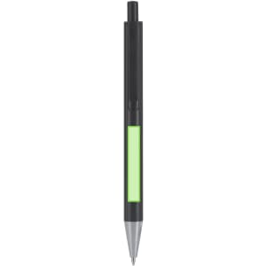A metal pen with a black body and a bright green accent, featuring a clip and a shiny silver tip.