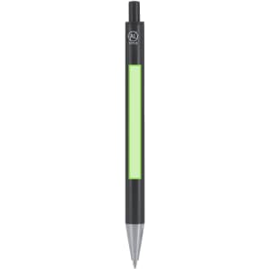 A black metal pen with a green accent and silver tip, featuring a branding logo.
