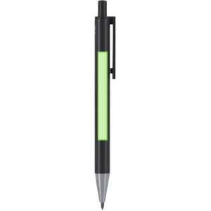 A metal pen featuring a black body and a green accent strip, designed for writing. It includes a branding logo.
