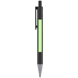 A metal pen in black with a green section and a sleek design, featuring a branding logo.