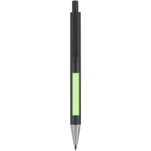 A metal pen featuring a black body, silver tip, and a green section for branding or personalisation.