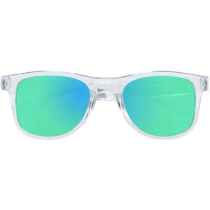 Clear frame sunglasses with blue and green mirrored lenses, featuring a logo on the arm. Perfect for leisure and outdoor activities.