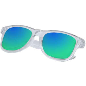 Clear-framed sunglasses with green and blue gradient lenses and a logo.