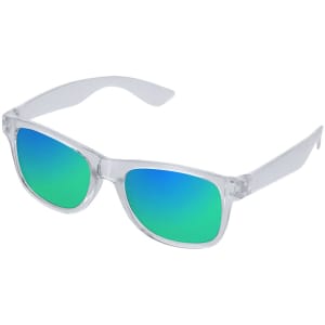 A pair of sunglasses with clear frames and gradient green lenses. Features a branding logo on the frame.