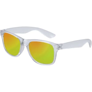 A pair of sunglasses with clear frames and yellow-green mirrored lenses, featuring a logo on the side.