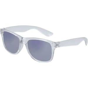 Clear sunglasses with gradient grey lenses and a sleek design, featuring a logo on the arm.