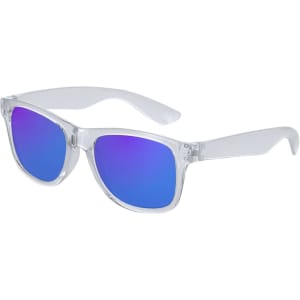 Clear-framed sunglasses with gradient blue lenses and a logo on the arm, ideal for outdoor leisure activities.