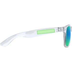 A pair of sunglasses with clear frames and blue-green reflective lenses, featuring a logo on the side.