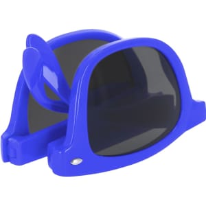 Blue sunglasses with dark lenses, featuring a sleek design and a branding logo on the side.