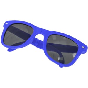 A pair of blue sunglasses with dark lenses and a bold, contemporary design, featuring a logo.