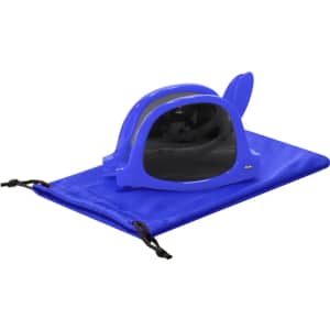 A pair of bright blue sunglasses resting on a matching pouch, featuring a logo.