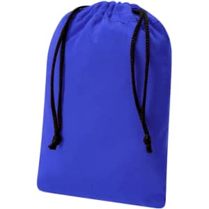 A blue drawstring pouch made of fabric, featuring black cord ties for closure.