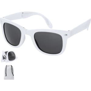 White sunglasses with dark lenses and a drawstring pouch, featuring a logo on the side.