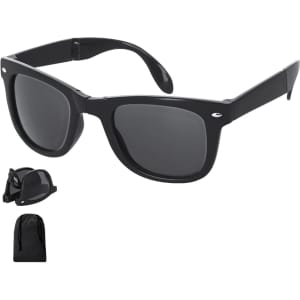 Black sunglasses with dark lenses, accompanied by a matching pouch and an additional black accessory.