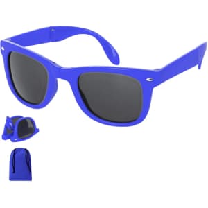 A pair of blue sunglasses with dark lenses, accompanied by a matching blue drawstring bag.