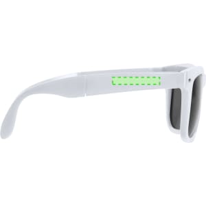 White sunglasses with grey lenses and a green accent detail, featuring a logo on the arm.